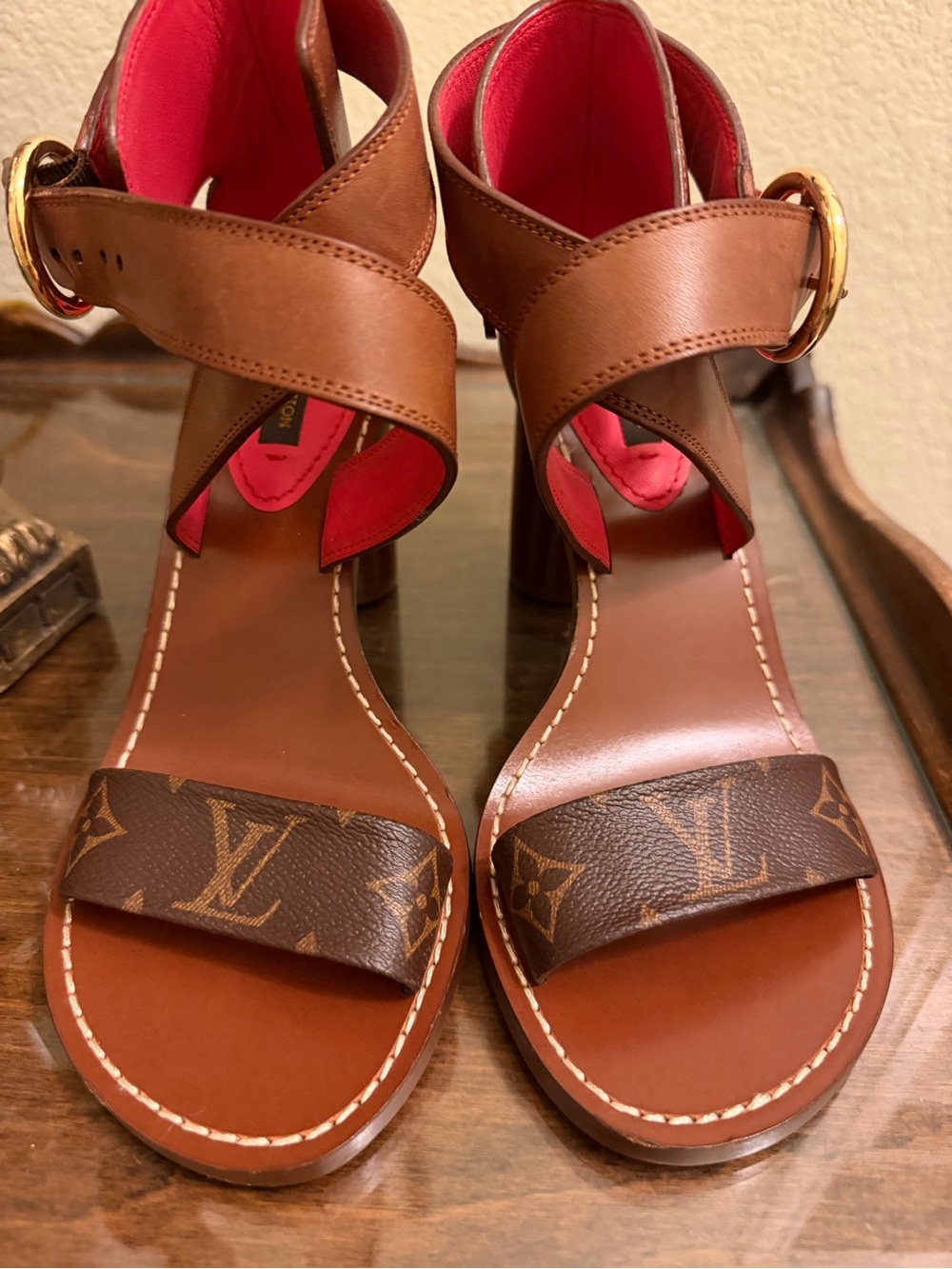 Louis Vuitton Brown Leather & Monogram Block Heel Sandals with Pink Lining.